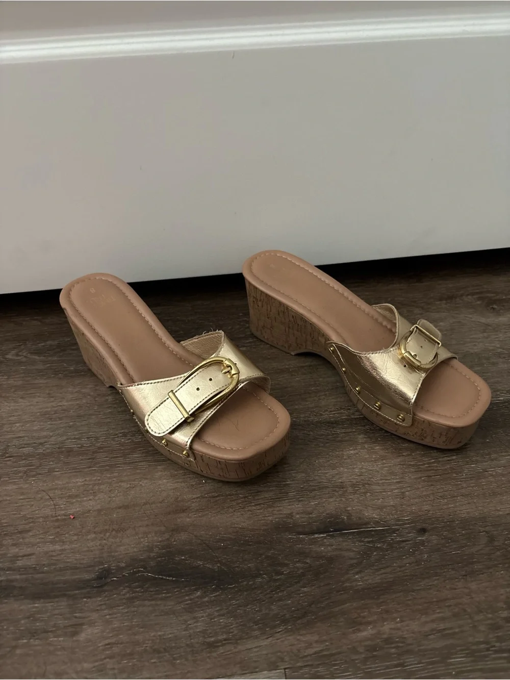 Gold Metallic Wedge Slide Sandals with Buckle